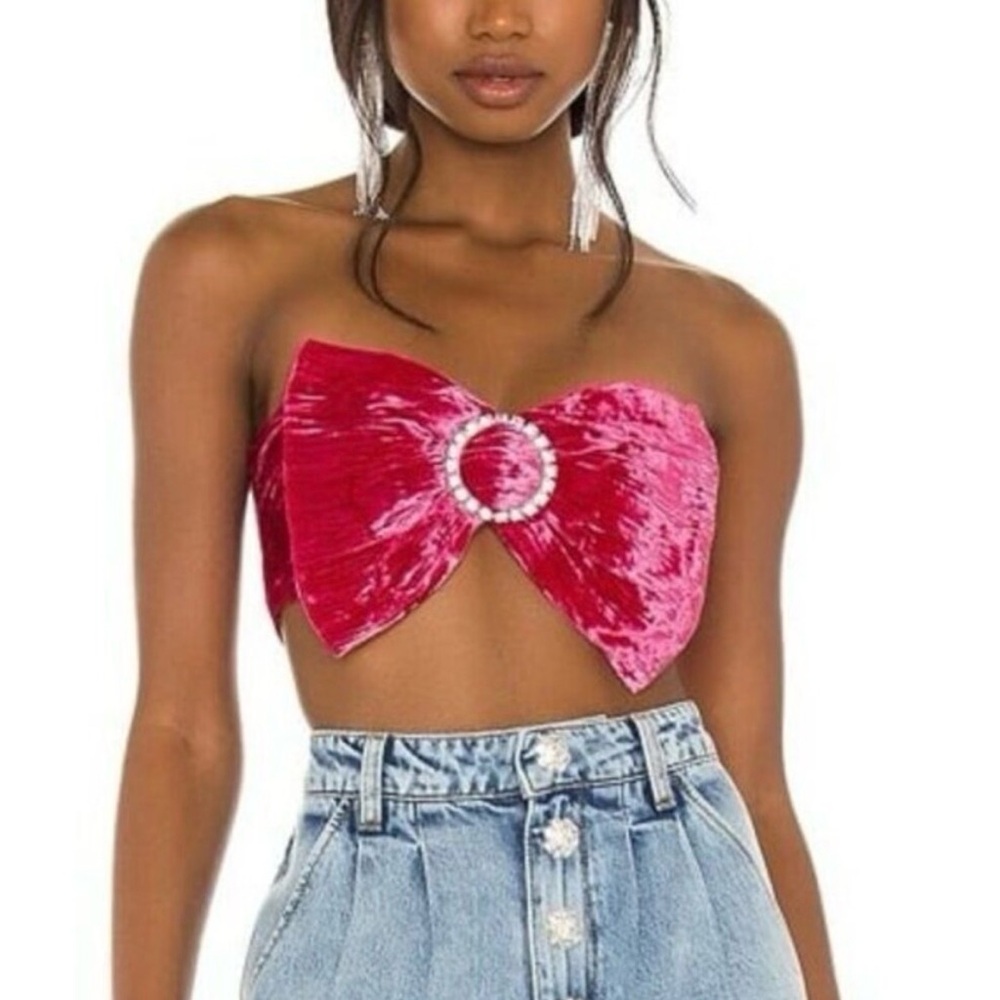 Velvet Rhinestone Brooch Pink Bow Top
